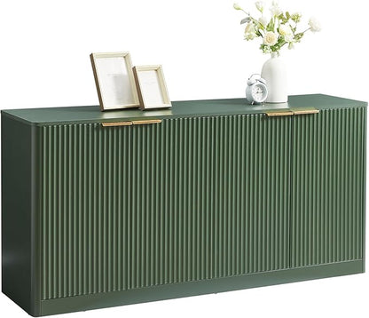 Ball & Cast 59" Modern Fluted Sideboard Buffet Cabinet with Storage,Curved Design Kitchen Coffee Bar Cabinet with 4 Doors & Shelves,Wood Credenza Cabinets Media Console for Living Room,Green