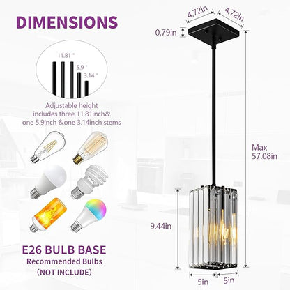 Modern Pendant Light Black Rectangle Pendant Lighting Mini Crystal Chandeliers Adjustable Pendant Light Fixture for Kitchen Island Dinning Room Living Room Corridor Bedroom(Black 2-Pack)
