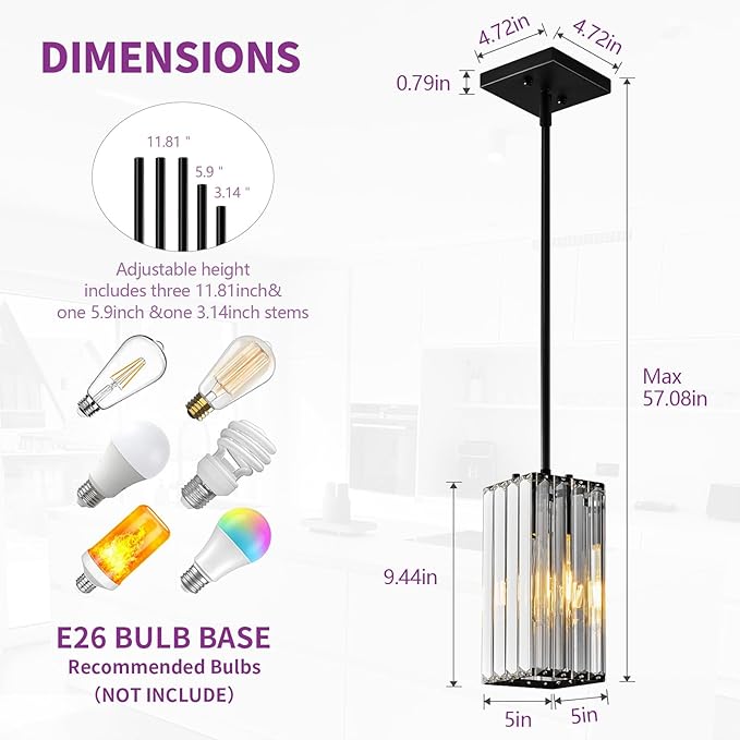 Modern Pendant Light Black Rectangle Pendant Lighting Mini Crystal Chandeliers Adjustable Pendant Light Fixture for Kitchen Island Dinning Room Living Room Corridor Bedroom(Black 3-Pack)