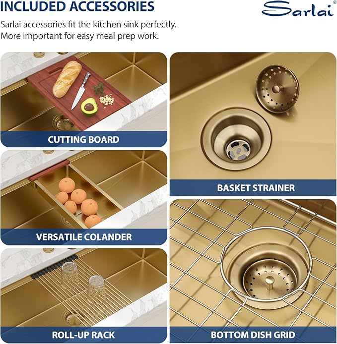 Sarlai 45 Gold Undermount Kitchen Sink - 45x19 Inch Gold Kitchen Sink Workstation Ledge NANO-Tech Sinks Round Corner 16 Gauge Stainless Steel Single Bowl Basin