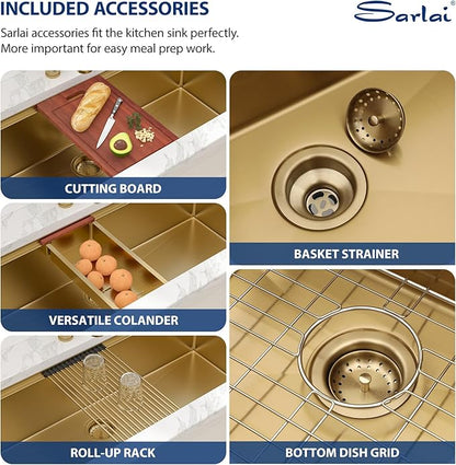 Sarlai 45 Gold Undermount Kitchen Sink - 45x19 Inch Gold Kitchen Sink Workstation Ledge NANO-Tech Sinks Round Corner 16 Gauge Stainless Steel Single Bowl Basin