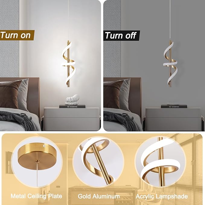 Spiral Led Pendant Light Fixtures, 5500K Gold Modern Led Pendant Lamp Kitchen Island, Adjustable Height Kitchen Island Lights Fixtures for Kitchen Island Dining Room Bedroom Sink, 3 Packs