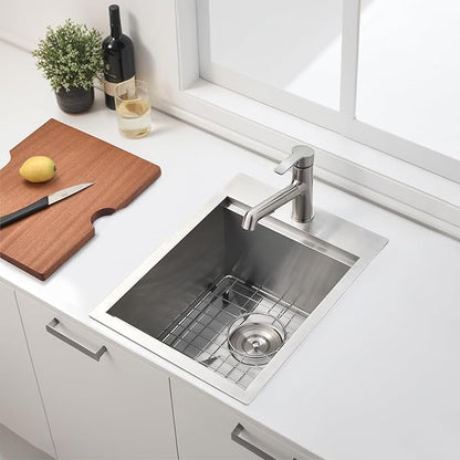 KINGO HOME Drop in Bar Sink, 15 x 20 Inch Single Bowl Small Kitchen Sink,304 Stainless Steel Topmount Wet Bar Sink Prep Sink With Grid&Drainer&Cutting Board