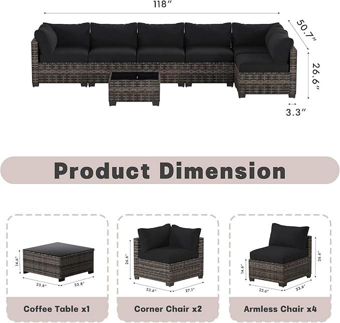 Patio Furniture Set, 7-Piece Outdoor Sectional Couch with Coffee Table & Thick Cushions, Outdoor Wicker Conversation Set for Backyard, Poolside, Garden (White-Black, 7 Piece-Single)