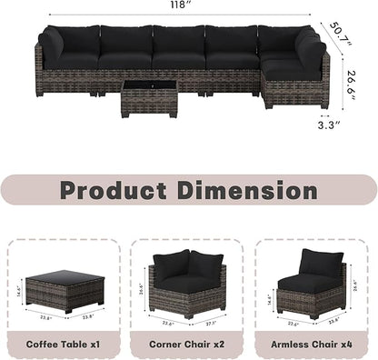 Patio Furniture Set, 7-Piece Outdoor Sectional Couch with Coffee Table & Thick Cushions, Outdoor Wicker Conversation Set for Backyard, Poolside, Garden (White-Black, 7 Piece-Single)