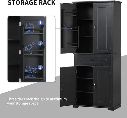 Storage Cabinet with 4 Doors and Drawers, 72.2" H Kitchen Cabinet with 6 Door Shelves, Kitchen Storage Cabinets with Adjustable Shelves for Living Room, Black