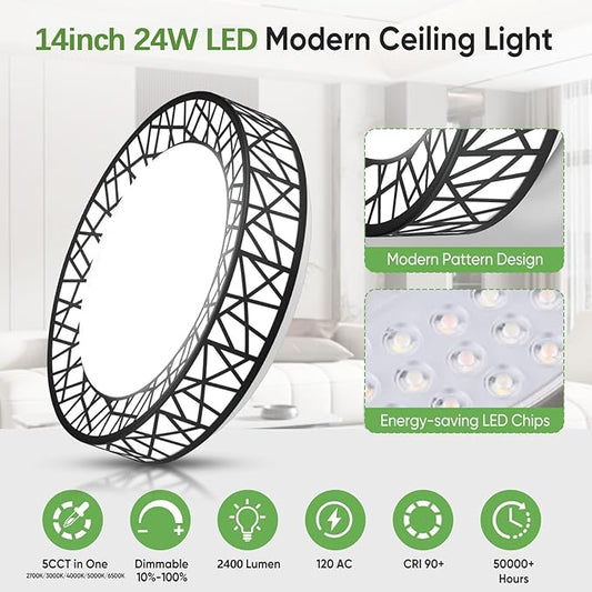 Lightania 14 Inch Flush Mount Ceiling Light, Modern Black LED Ceiling Light Fixture, 24W 2400LM 2700-6500K Adjustable, Dimmable Ceiling Lights for Bedroom, Kitchen, Hallway, Bathroom, ETL Listed