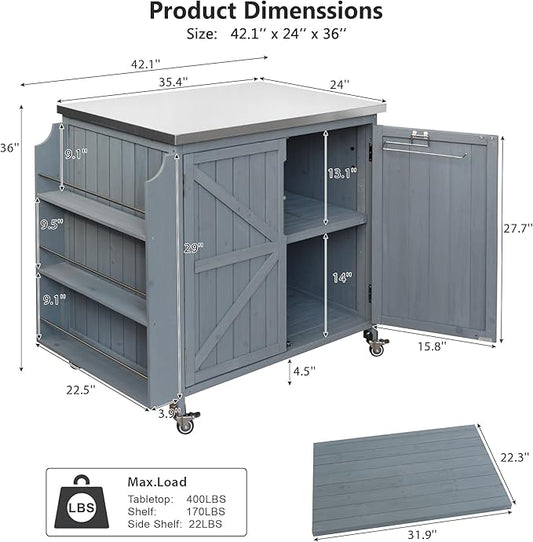 JIJIWANG 42.1" Outdoor Kitchen Island with Stainless Steel Top and Side Shelf, Outdoor Grill Cart with Storage Cabinet and Adjustable Shelves, Kitchen Cart on Wheels for Small Spaces Grey Blue