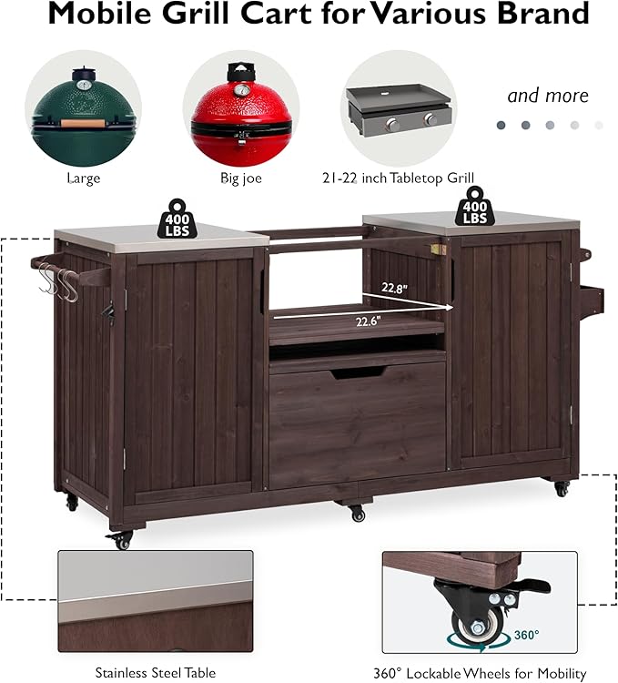 YOPTO Versatile 66.5" Outdoor Grill Cart for Big Green Egg,100% Fir Wood,Stainless Steel Top,Ample Storage,Weatherproof,6 Lockable Wheels,Dark Brown