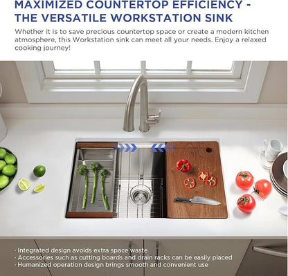 32in Undermount Workstations Kitchen Sinks - 11 Gauge Stainless Steel Sink 10inch Deep Worktation Sink with Cutting Board and Accessories