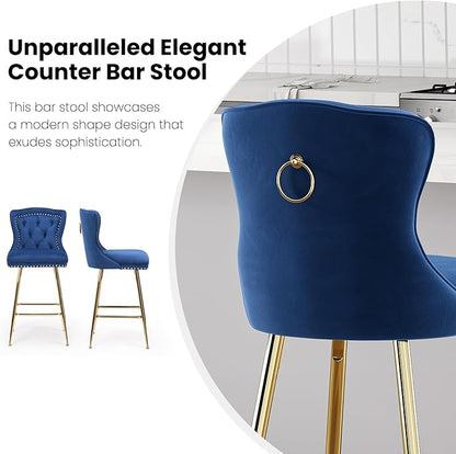 Bar Stools Set of 2, Velvet Counter Height Bar Stools with Metal Legs, Button Tufted and Nailheads Trim, Wing Back Bar Chairs for Kitchen Island Dining Room Pub, Blue