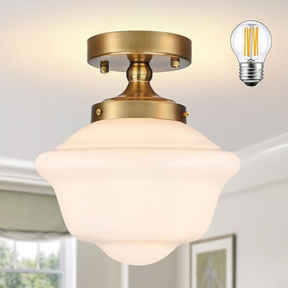 Bagood 8" Gold Schoolhouse Lights Fixture Schoolhouse Light Fixtures Ceiling Mid Century Lights Fixture Milk Glass Fixtures Semi Flush Mount Ceiling Light for Bathroom Kitchen (Bulb Incl.)