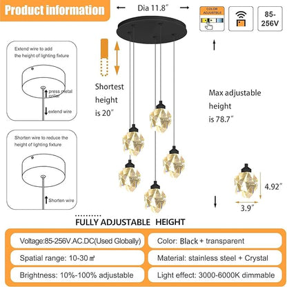 5-Light Cluster Crystal Raindrop Pendant Lights- 25W Black LED Dimmable Hanging Light Fixture Chandelier for Kitchen Island, Dining Room Living Room