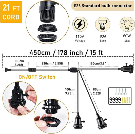 DITEDY 3-Light Plug in Pendant Light Kit, Hanging Lights with Plug in Cord 21FT Hanging Lamp Cord with On/Off Switch, DIY Vintage Black Pendant Lamp E26 Socket for Bedroom Kitchen Island