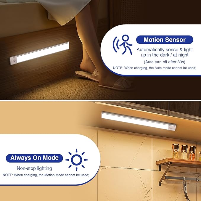 Onforu Under Cabinet Lighting, 54 LED Motion Sensor Light, Dimmable & 3 Color Temperature Closet Lights, 1500mAh USB Rechargeable Battery Operated, Magnetic Under Counter Lights for Kitchen 12inch