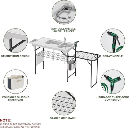 Dragosum Fish Cleaning Table, Portable Folding Camping Table with Folding Grill Extension Board, Fish Cleaning Station with Dual Sinks, Hose Hook Up