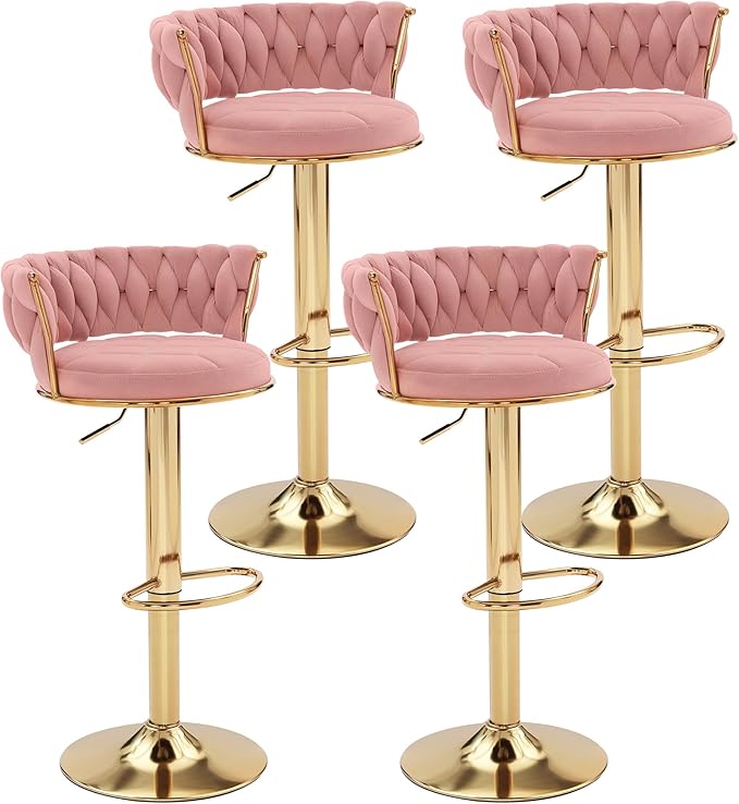 VECELO Bar Stools Set of 4, Adjustable Barstools Counter Height Stools with Back and Arm, Velvet Woven Kitchen Island Stools w/Gold Metal Leg Base, 360° Swivel Bar Stools, Pink