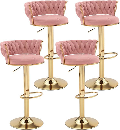 VECELO Bar Stools Set of 4, Adjustable Barstools Counter Height Stools with Back and Arm, Velvet Woven Kitchen Island Stools w/Gold Metal Leg Base, 360° Swivel Bar Stools, Pink