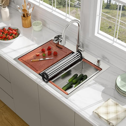28 Drop In Kitchen Sink - Beslend 28x22 Kitchen Sink Drop In Workstation with Faucet, Stainless Steel Sinks and Soap Dispenser Topmount 16 Gauge Single Bowl Above Counter Dish Basin 9" Deep