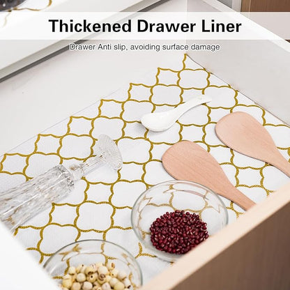Drawer and Shelf Liner for Kitchen Cabinet,Non-Adhesive Cabinet Liner 12in x 10FT,Waterproof Shelf Paper Non-Slip Mats Cupboard Liners Contact Protect Dresser/Shelves/Table-Golden Lantern