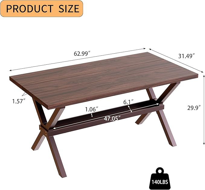 HIPIHOM 63" Modern Dining Room Table with Storage Shelves, MDF Kitchen Table with Scratch-Resistant Surface, Strong Metal Legs, Great for Apartments and Breakfast Nooks