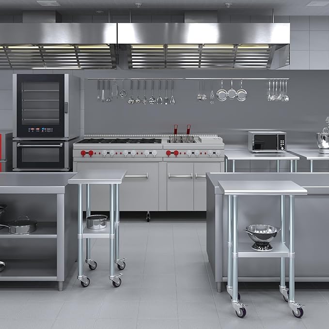 Stainless Steel Work Table with Wheels | NSF Kitchen Island Food Prep | Laundry Garage Utility Bench (Table + Wheels, 24" Long x 18" Deep)