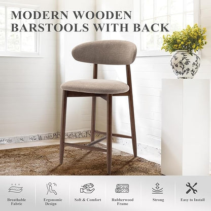 COLAMY Bar Stools Set of 3, Counter Height BarStools with Back, Mid Century Modern Upholstered, with Wood Legs for Kitchen Island Dining Room, Camel