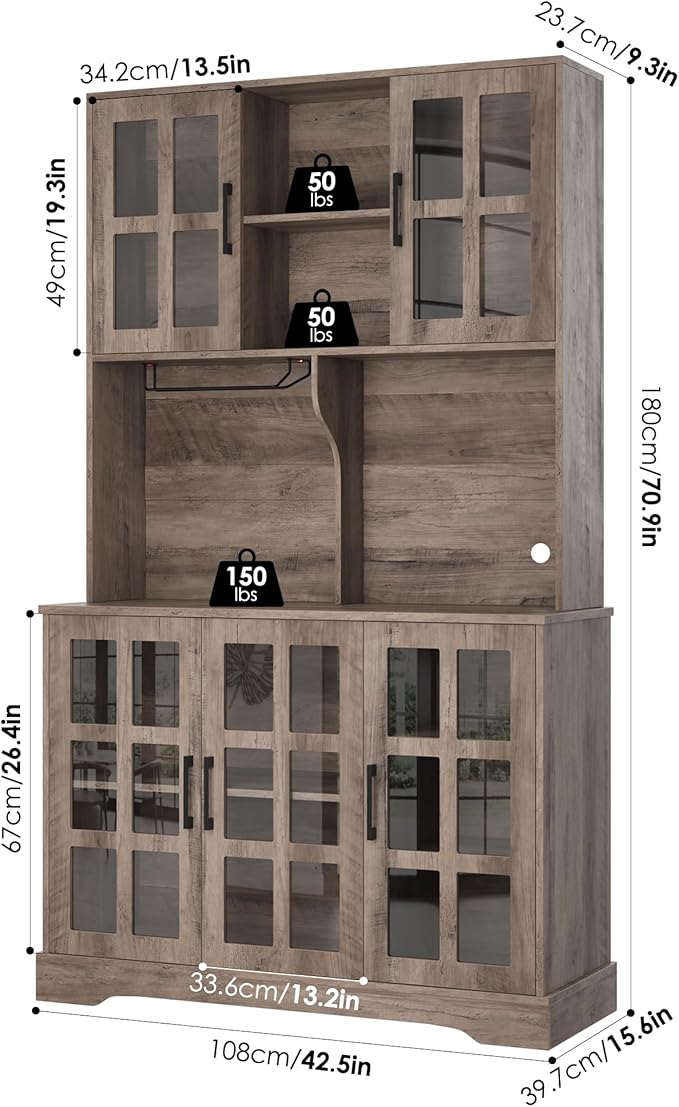 Keyluv Kitchen Pantry Storage Cabinet 71" Tall Freestanding Pantry Cabinet, Farmhouse Glass Door Buffet with Oven Countertop, Large Wood Hutch for Kitchen, Living Room and Dining Room, Rustic