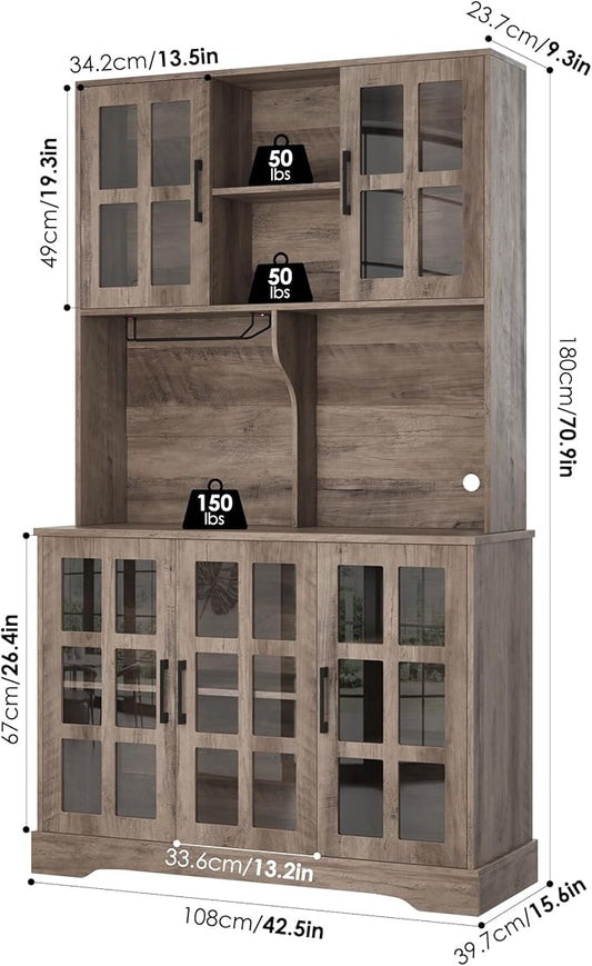 Keyluv Kitchen Pantry Storage Cabinet 71" Tall Freestanding Pantry Cabinet, Farmhouse Glass Door Buffet with Oven Countertop, Large Wood Hutch for Kitchen, Living Room and Dining Room, Rustic