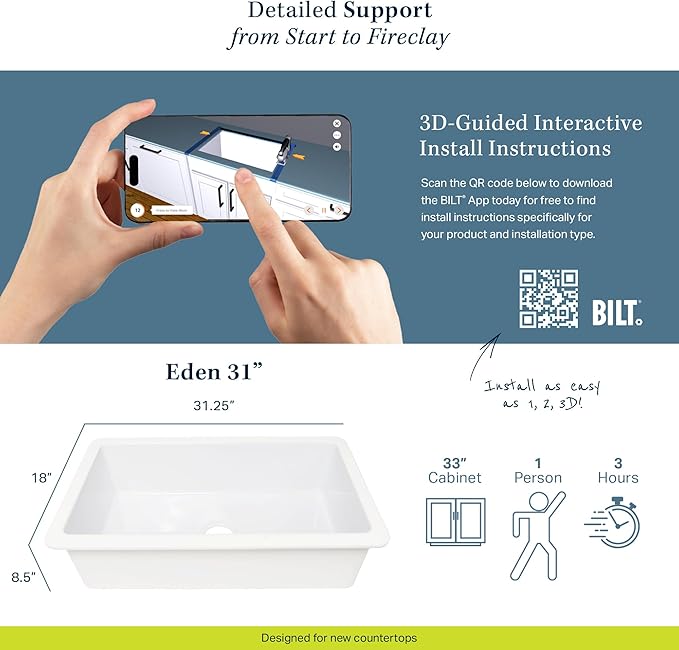 Sinkology Eden Fireclay Undermount Kitchen Sink, Undermount Installation, Surefire Finish (Crisp White, 31")