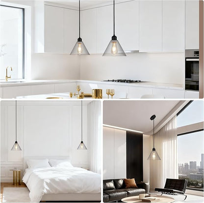Modern Pendant Lights, 8.35" Smoked Grey Glass Hanging Lamp with Matte Black Finish, Adjustable 48" Cord Pendant Light Fixtures for Kitchen Island Sink Bar Dining Room Farmhouse, E26 Base