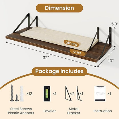 Acovy Floating Shelf for Wall,32" WX10 D Wood Floating Shelves with Sturdy Metal Bracket Set of 2,Wall Mounted Hanging Shelf for Bathroom,Bedroom,Kitchen,Walnut