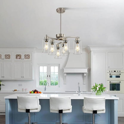 Sigaitwei 6 Light Farmhouse Brushed Nickel Chandelier,21.7" Modern Chandeliers for Dining Room Light Fixtures Over Table,Pendant Lights Kitchen Island,Metal Bracket with Downward Clear Glass Shade