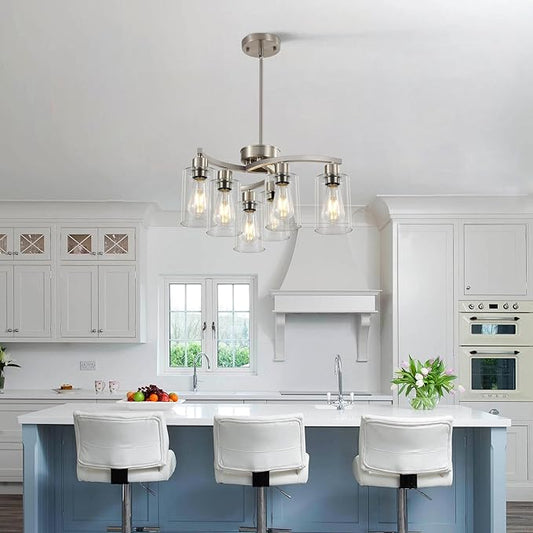 Sigaitwei 6 Light Farmhouse Brushed Nickel Chandelier,21.7" Modern Chandeliers for Dining Room Light Fixtures Over Table,Pendant Lights Kitchen Island,Metal Bracket with Downward Clear Glass Shade