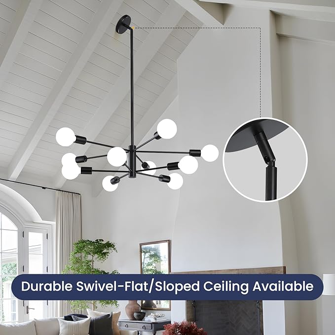RUIYEY Modern Sputnik Chandeliers Light, 10-Light Black Chandeliers for Dining Room, E26 Height Adjustable Chandelier Ceiling Lighting Fixture for Farmhouse Kitchen Island Living Room Foyer