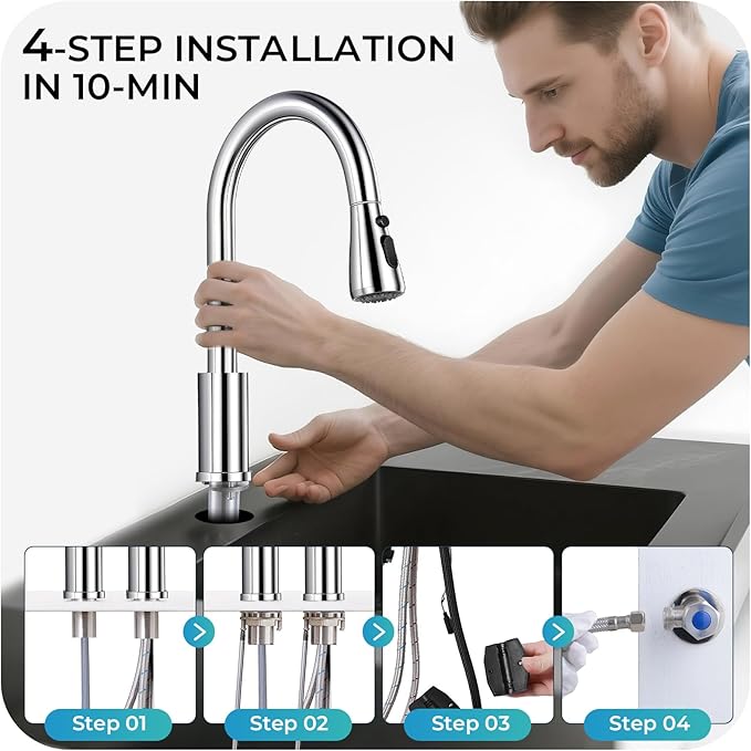 Pull Down Kitchen Faucet 2 Hole - Polished Chrome Single Handle Kitchen Faucets, High Arc Stainless Steel Pull Out Kitchen Sink Faucet for RV Laundry Farmhouse Bar