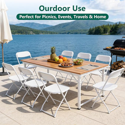 6 Pack White Plastic Folding Chairs, Outdoor Portable Folding Chair with Steel Frame, 350lbs Capacity Stackable Foldable Chairs for Patio, Garden, Picnic, Kitchen, Events