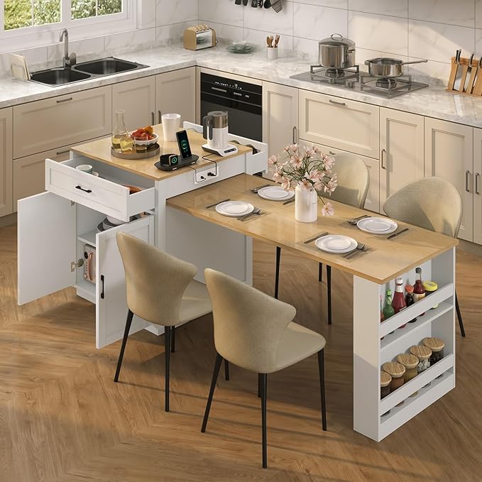 Rovibek Kitchen Island Expandable Table with Storage for 2-6 Person, Kitchen Islands with 2 Drawers, 2 Side Open Shelves and Built-in Power Outlet, Faux Marble Top Kitchen Island Table White