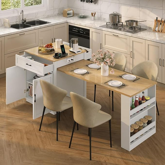 Rovibek Kitchen Island Expandable Table with Storage for 2-6 Person, Kitchen Islands with 2 Drawers, 2 Side Open Shelves and Built-in Power Outlet, Faux Marble Top Kitchen Island Table White