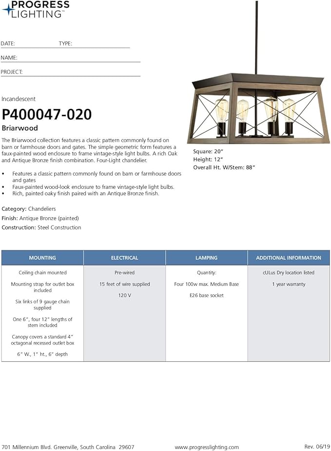 Progress Lighting 4-Light Chandelier, Rustic Farmhouse Style Modern Hanging Light Fixture for Kitchen and Dining Room, Briarwood Collection, Antique Bronze
