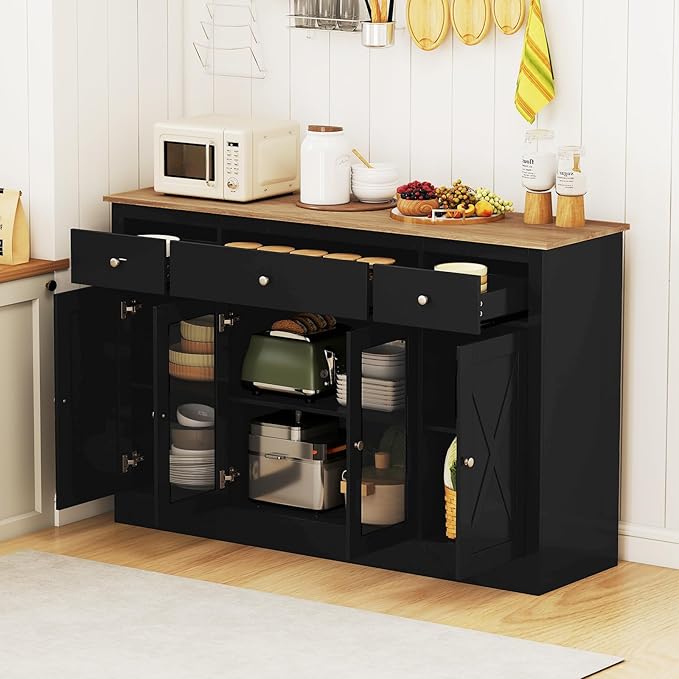 Giantex 55" Sideboard Buffet Cabinet with Storage, Modern Farmhouse Kitchen Storage Cabinet w/3 Drawers, Adjustable Shelves, 2 Barn Doors & 2 Glass Doors, Black Sideboard for Living Room, Coffee Bar