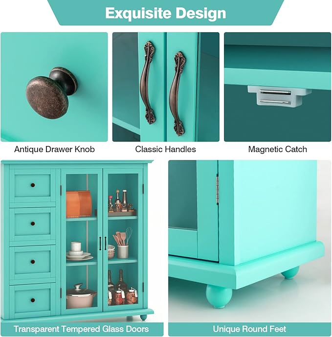 Giantex Buffet Sideboard with Storage - Kitchen Pantry Cabinet with 2 Doors, 4 Drawers, Adjustable Shelf, Freestanding Cupboard Credenza for Kitchen Living Room (Green)