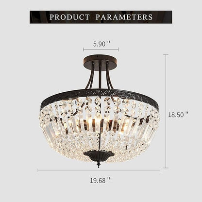 YYJLX 5-Light E12 Round Crystal Ceiling Light Fixture Modern Semi Flush Mount Chandelier Ceiling Lamp for Living Room Dining Room Entryway Hallway Foyer Bedroom Laundry Bathroom（Black）