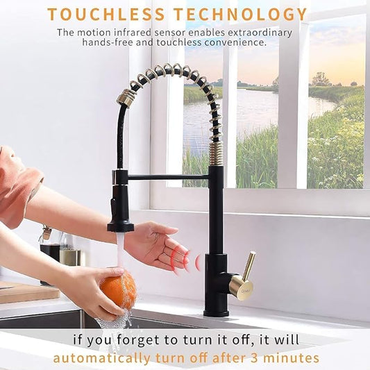 GIMILI Touchless Spring Kitchen Faucet with Soap Dispenser,Matte Black&Gold
