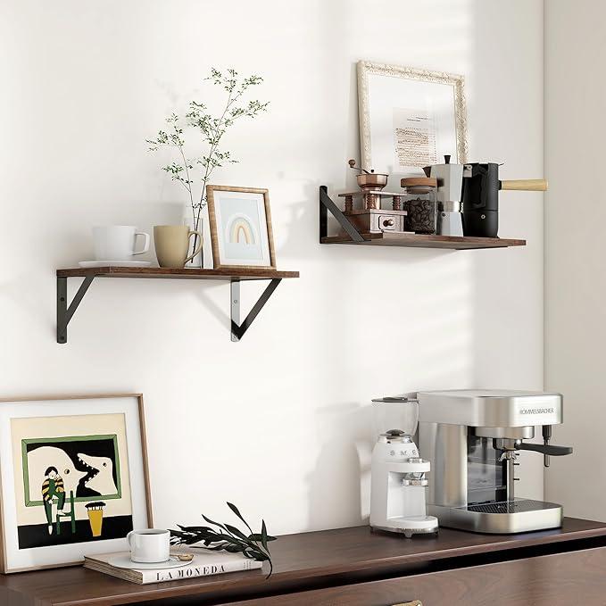 Axeman Floating Shelves for Wall, 8 Inch Deep Brown Wall Shelves Set of 2, 16''W x 8''D Rustic Brown Wood Shelves for Bookshelf Living Room Bedroom Home Office Bathroom