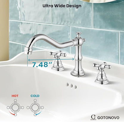gotonovo Bathroom Faucet 3 Hole 8 Inch Widespread Bathroom Sink Faucet 2 Cross Handles Vintage Lavatory Vanity Mixer Tap with Pop Up Drain, HOT Cold Label, Polish Chrome