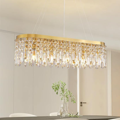 Siljoy Rectangular Gold Crystal Chandelier for Dining Room, 10-Light Modern Oval K9 Crystal Raindrop Chandelier Luxury Crystal Island Light for Living Room Kitchen Bar L40'' x W11'' x H10.6''