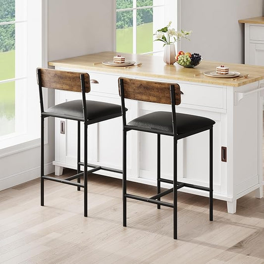 Takywep Bar Stools Set of 2 with Backrest & Footrest, Counter Height Upholstered Barstools with Wide Seat, Faux Leather Bar Chairs for Home Bar, Dining Room, Kitchen Island, Brown