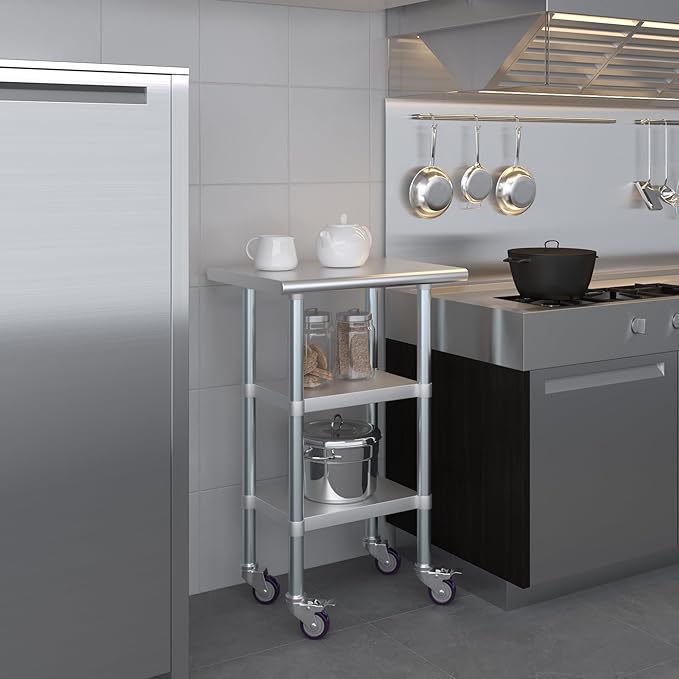 Stainless Steel Work Table with 2 Shelves and Casters | Kitchen Island Food Prep | Laundry Garage Utility Bench | NSF Certified (24" Long x 18" Deep)