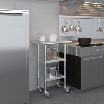 Stainless Steel Work Table with 2 Shelves and Casters | Kitchen Island Food Prep | Laundry Garage Utility Bench | NSF Certified (24" Long x 18" Deep)